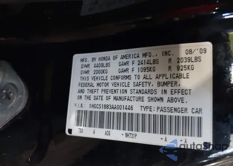 2010 Honda Accord 2.4 Ex-L z USA, uszkodzony, nr VIN 1HGCS1B83AA001446